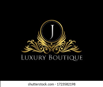 Diseño de vectores con logotipo Gold Boutique de lujo. Icono de letra Premium Bagde J. 