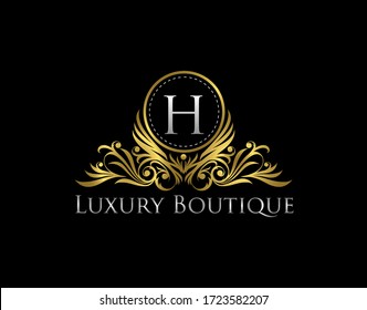 Luxury Gold Boutique Logo Vector Design. Premium Golden Bagde H Letter Icon. 