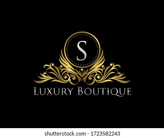 Luxury Gold Boutique Logo Vector Design. Premium Golden Bagde S Letter Icon. 