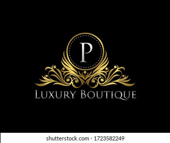 Luxury Gold Boutique Logo Vector Design. Premium Golden Bagde P Letter Icon. 