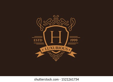 Luxury gold and brown logo design template vector illustration for Restaurant, Royalty, Boutique, Cafe, Hotel, Heraldic, Jewelry and Fashion. Ornament shapes for logotype or badge design.