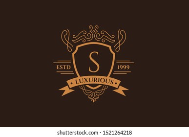 Luxury gold and brown logo design template vector illustration for Restaurant, Royalty, Boutique, Cafe, Hotel, Heraldic, Jewelry and Fashion. Ornament shapes for logotype or badge design.