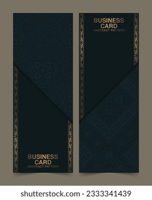 Luxury Gold business card and vintage ornament logo vector template. Retro elegant flourishes ornamental frame design with pattern background