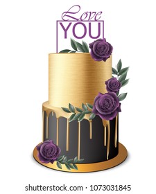 Luxury Gold Cake Vector Realistic. Birthday, Anniversary, Wedding Royal Dessert