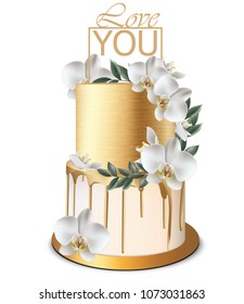 El Vector de Oro de lujo realista. Cumpleaños, aniversario, postre real de boda