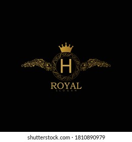 Luxury gold calligraphic vintage emblem with classy floral ornament. Luxury Badge H Letter Logo. Golden vintage vector logo frame design. Letter H monogram