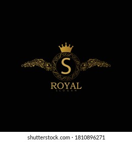 Luxury gold calligraphic vintage emblem with classy floral ornament. Luxury Badge S Letter Logo. Golden vintage vector logo frame design. Letter S monogram