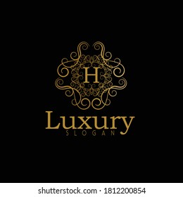 Luxury gold calligraphic vintage emblem with classy floral ornament. Luxury Badge H Letter Logo. Golden vintage vector logo frame design. Letter H monogram