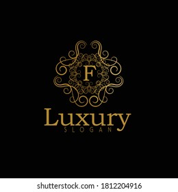 Luxury gold calligraphic vintage emblem with classy floral ornament. Luxury Badge F Letter Logo. Golden vintage vector logo frame design. Letter F monogram