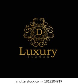 Luxury gold calligraphic vintage emblem with classy floral ornament. Luxury Badge D Letter Logo. Golden vintage vector logo frame design. Letter D monogram