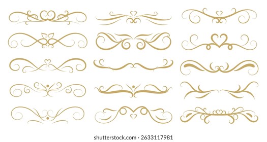 Luxury gold calligraphy swirl ornaments design element vector set. Hand drawn vintage flourishes for wedding cards and typography decoration.
