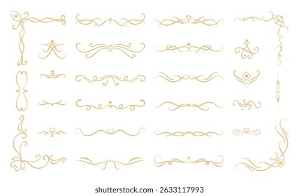 Luxury gold calligraphy swirl ornaments design element vector set. Hand drawn vintage flourishes for wedding cards and typography decoration.