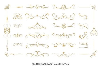Luxury gold calligraphy swirl ornaments design element vector set. Hand drawn vintage flourishes for wedding cards and typography decoration.