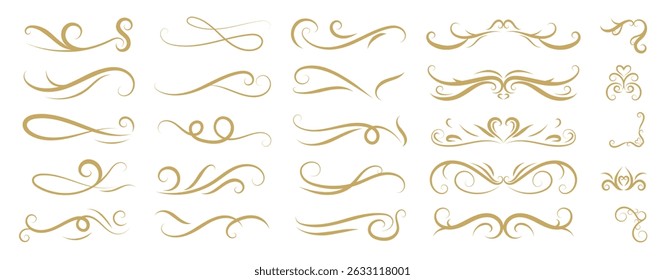 Luxury gold calligraphy swirl ornaments design element vector set. Hand drawn vintage flourishes for wedding cards and typography decoration.