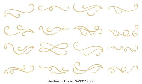 Luxury gold calligraphy swirl ornaments design element vector set. Hand drawn vintage flourishes for wedding cards and typography decoration.