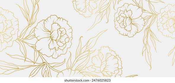 Luxury gold carnation flowers background. Floral pattern tropical in line art style for greeting, invitation, wedding card, wall art, wallpaper and print. Vector illustration