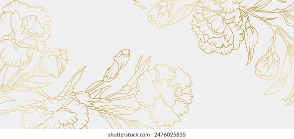 Luxury gold carnation flowers background. Floral pattern tropical in line art style for greeting, invitation, wedding card, wall art, wallpaper and print. Vector illustration