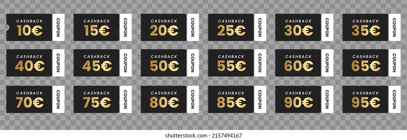 Luxury gold cash back coupon promotion illustration set. ticket, voucher, discount, sale. Vector drawing. Hand drawn style