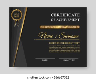 Luxury gold certificate of achivement with golden award. Trendy business template or modern diploma blank. Elegant award. Vector illustration, eps10.