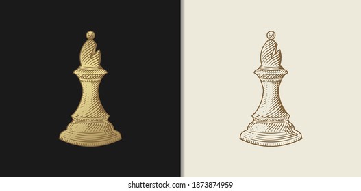 Luxury gold chess bishop, hand drawn engraving style. Chess piece in vintage style