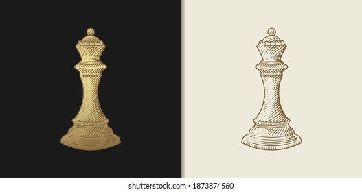 Luxury Gold Chess Queen, Hand Drawn Engraving Style. Chess Piece In Vintage Style