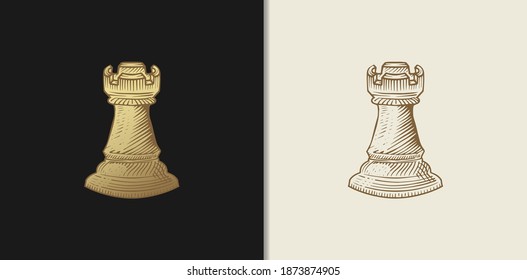 Luxury gold chess rook, hand drawn engraving style. Chess piece in vintage style