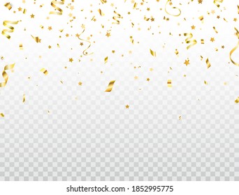 Luxury gold Christmas confetti border. Magic golden flying confetti and star on transparent background. Elegant design elements for Holiday. Xmas ornament. Greeting card. Vector illustration.