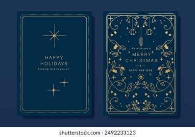 Luxury gold christmas invitation card folk design vector. Christmas bauble, holly, leaves, snowflake, frame on navy blue background. Design illustration for cover, print, poster, wallpaper.