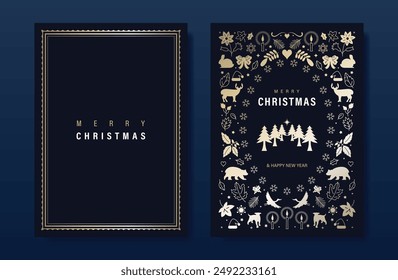 Tarjeta de invitación de Navidad de oro de lujo Vector de diseño popular. Árbol de Navidad, reno, oso, conejo, copo de nieve, marco sobre fondo azul marino. Ilustración de diseño para cubierta, impresión, póster, Fondo de pantalla.