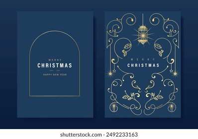 Tarjeta de invitación de Navidad de oro de lujo Vector de diseño popular. Navidades hojas, flor, linterna, vela, copo de nieve, marco sobre fondo azul marino. Ilustración de diseño para cubierta, impresión, póster, Fondo de pantalla.