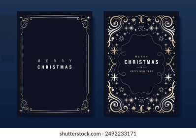 Luxury gold christmas invitation card folk design vector. Christmas leaves, sparkling stars, snowflake, frame on navy blue background. Design illustration for cover, print, poster, wallpaper.