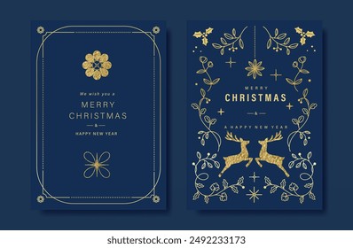 Luxury gold christmas invitation card folk design vector. Christmas bauble, holly, leaves, reindeer, snowflake, frame on navy blue background. Design illustration for cover, print, poster, wallpaper.