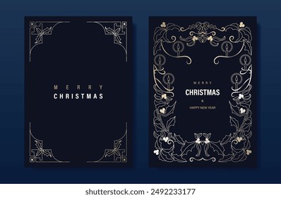 Tarjeta de invitación de Navidad de oro de lujo Vector de diseño popular. Navidades acebo, hojas, flor, vela, marco sobre fondo azul marino. Ilustración de diseño para cubierta, impresión, póster, Fondo de pantalla.