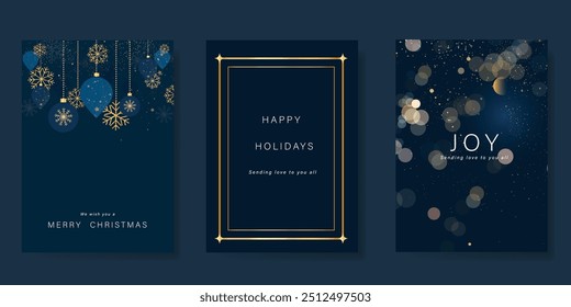 Luxury gold christmas invitation card design vector. Christmas bauble, snowflake, glitter, bokeh with gold foil texture on navy blue background. Design illustration for cover, print, poster, ads.