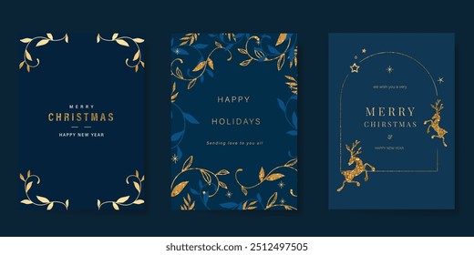 Luxury gold christmas invitation card design vector. Christmas leaves, reindeer with gold foil texture on navy blue background. Design illustration for cover, print, poster, ads.