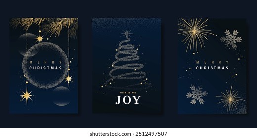 Luxury gold christmas invitation card design vector. Christmas bauble, tree, snowflake with gold foil and spot texture on navy blue background. Design illustration for cover, print, poster, ads.