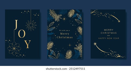 Luxury gold christmas invitation card design vector. Christmas bauble, pine leaves, snowflake with gold foil texture on navy blue background. Design illustration for cover, print, poster, ads.