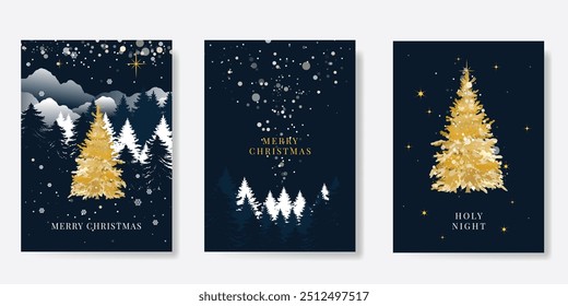 Vector de diseño de tarjeta de invitación de Navidad de oro de lujo. Árbol de Navidad, nieve con textura de papel de oro sobre fondo azul marino. Ilustración de diseño para portada, impresión, póster, anuncios.