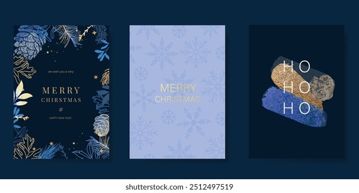 Luxury gold christmas invitation card design vector. Christmas pine leaves, snowflake with gold foil texture on navy blue background. Design illustration for cover, print, poster, ads.