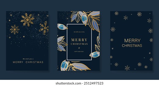 Luxury gold christmas invitation card design vector. Christmas leaves, snowflake, glitter with gold foil texture on navy blue background. Design illustration for cover, print, poster, ads.