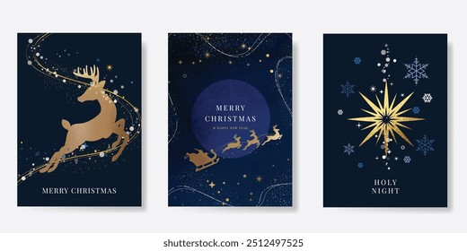 Vector de diseño de tarjeta de invitación de Navidad de oro de lujo. Navidades trineo, reno, copo de nieve con textura de papel de oro sobre fondo azul marino. Ilustración de diseño para portada, impresión, póster, anuncios.