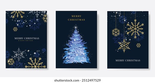 Luxury gold christmas invitation card design vector. Christmas tree, snowflake with gold foil texture on navy blue background. Design illustration for cover, print, poster, ads.