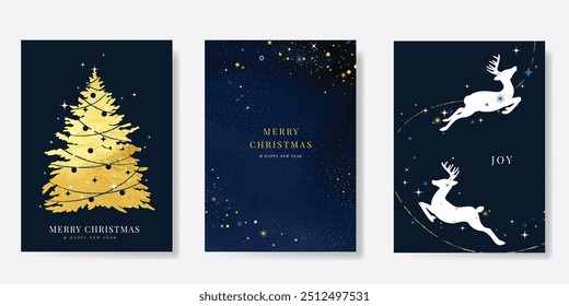 Luxury gold christmas invitation card design vector. Christmas tree, reindeer with gold foil texture on navy blue background. Design illustration for cover, print, poster, ads.