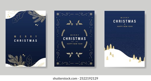 Luxury gold christmas invitation card design vector. Christmas pine leaves, snowflake with gold foil and spot texture on navy blue background. Design illustration for cover, print, poster, ads.