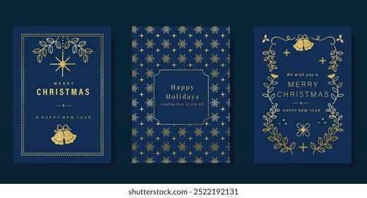 Luxury gold christmas invitation card folk design vector. Christmas bauble, holly, leaves, snowflake, frame on navy blue background. Design illustration for cover, print, poster, wallpaper.