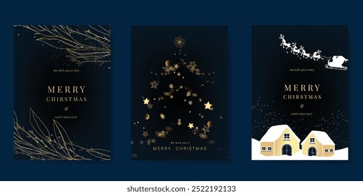 Luxury gold christmas invitation card design vector. Christmas sleigh, snowflakes, house, branch on navy blue background. Design illustration for cover, print, poster, ads.