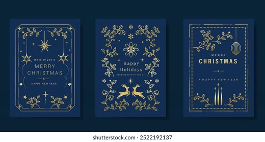 Vector de diseño popular de tarjeta de invitación de Navidad de oro de lujo. Navidades de chuchería, acebo, hojas, copo de nieve, marco, reno sobre fondo azul marino. Ilustración de diseño para portada, impresión, póster, Fondo de pantalla.