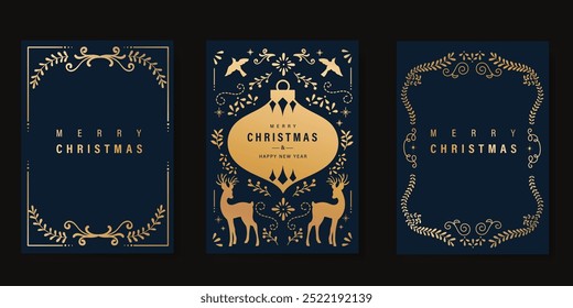 Luxury gold christmas invitation card folk design vector. Christmas bauble, holly, leaves, snowflake, frame, reindeer on navy blue background. Design illustration for cover, print, poster, wallpaper.