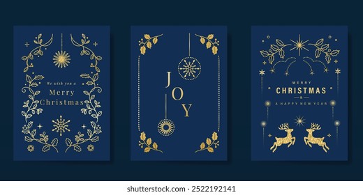 Vetor de design popular de cartão de convite de Natal de ouro de luxo. Baile de Natal, azevinho, folhas, floco de neve, quadro, rena no fundo azul-marinho. Ilustração de design para capa, impressão, cartaz, papel de parede.