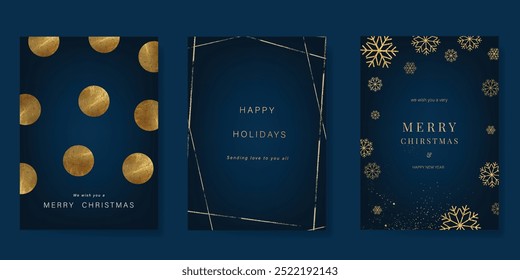 Vector de diseño de tarjeta de invitación de Navidad de oro de lujo. Copo de nieve de Navidades, marco con lámina de oro sobre fondo azul marino. Ilustración de diseño para portada, impresión, póster, anuncios.